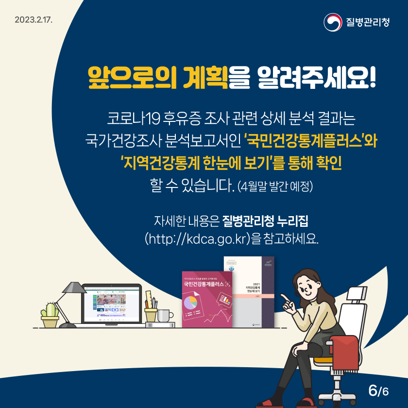 [2023년 2월 17일 질병관리청] 앞으로의 계획을 알려주세요! 코로나19 후유증 조사관련 상세 분석 결과는 국가건강조사 분석보고서인 '국민건강통계플러스'와 '지역건강통계 한눈에 보기'를 통해 확인 할 수 있습니다. (4월말 발간 예정. 자세한 내용은 질병관리청 누리집 (http://kdca.go.kr)을 참고하세요. [6페이지 중 6페이지]